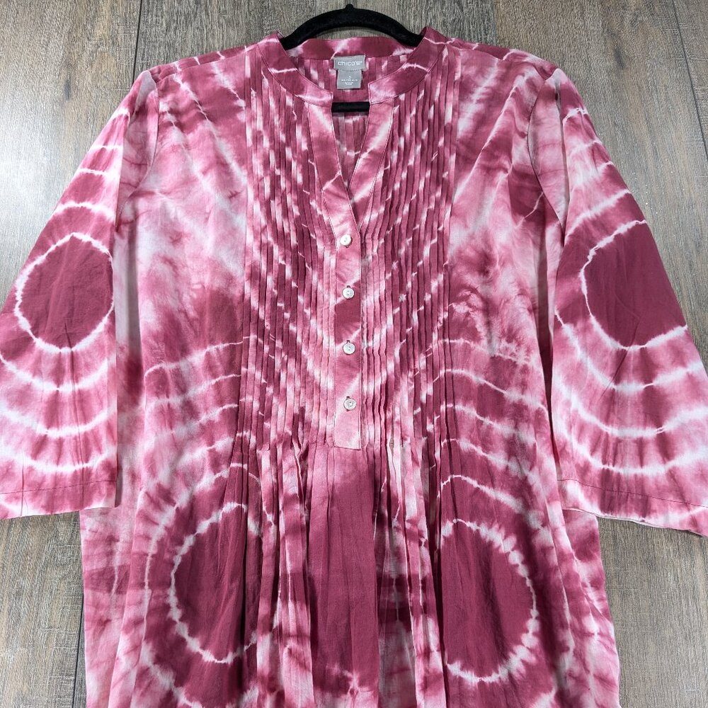 2/$30 Chicos Tunic Top Womens XL Pink Print 3/4 Sleeve Peasant Lightweight BOHO